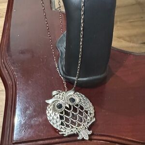 Vintage Silver Owl Pendant Necklace with magnified glass